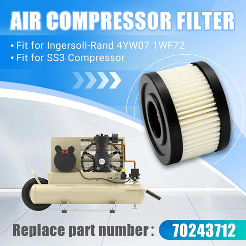 Two Pack Air Compressor Filter Elements Fits Ingersoll Rand 4YW07 1WF72 SS3 Replacement 70243712 on display with compressor