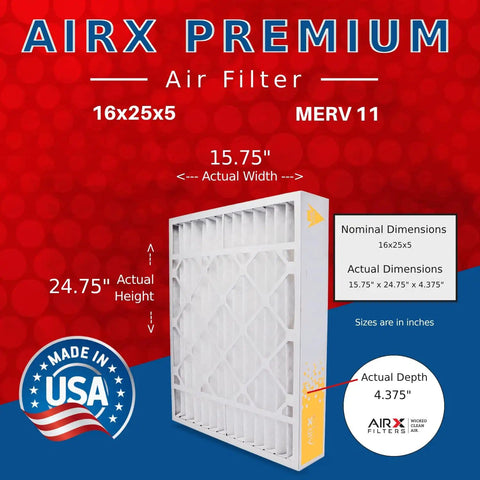 MERV 11 16x25x5 Air Filter Replacement For Lennox X6670, 2 Pack, dimensions showing 15.75x24.75x4.375, made in USA