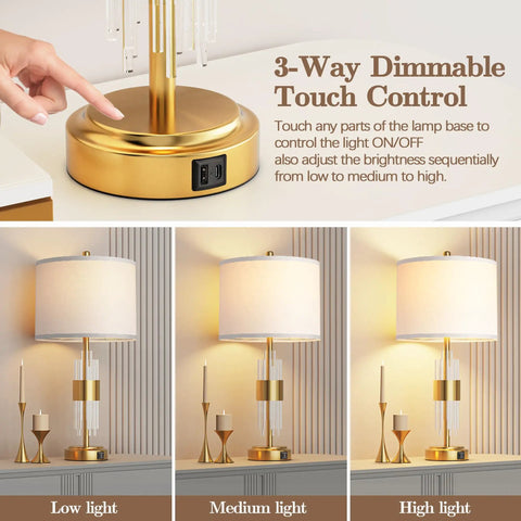 Dope Gold Table Lamp Set Of 2 With USB A And USB C Ports, Touch Control shown with 3-way dimmable light settings.