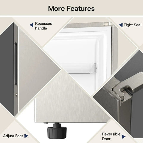 14 Cubic Feet Upright Freezer Convertible Freezer Fridge Featuring Smart Digital Interface And True Frost Free Design Ultra Silent Workhorse Heavy Duty Bulk Hauler For Home Or Garage showing recessed handle, tight seal, adjustable feet, reversible door.