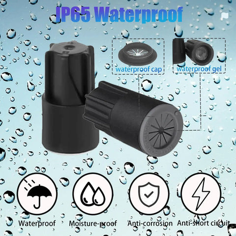 50 Pack Waterproof Wire Nut Connectors Set For Outdoor Lighting And Irrigation Valves, close-up of waterproof black caps
