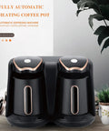 Electric Turkish Coffee Maker With Dual Pot Design 1200W 500ml 2 Cup Brew System, black and copper, on countertop with plants
