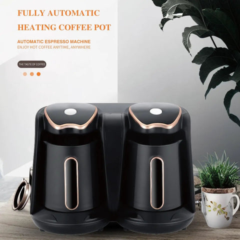 Electric Turkish Coffee Maker With Dual Pot Design 1200W 500ml 2 Cup Brew System, black and copper, on countertop with plants