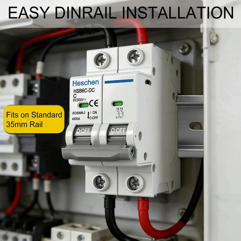 DC 500V 25A 2 Pole Photovoltaic Circuit Breaker For Solar PV System Grid DIN Rail Mount 35mm Non Polarized 4.5KA Breaking Capacity Two Pack Industrial Grade installed on 35mm DIN rail showing front view.