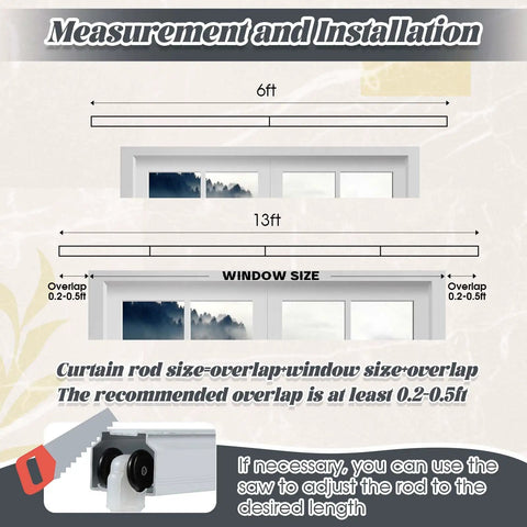 Ceiling Curtain Track Set White Heavy Duty Ceiling Mount Adjustable Length 9.8ft To 13.2ft With Clips Hooks End Caps Pulleys Hardware Included For Room Divider measurement guide with 6ft and 13ft overlap