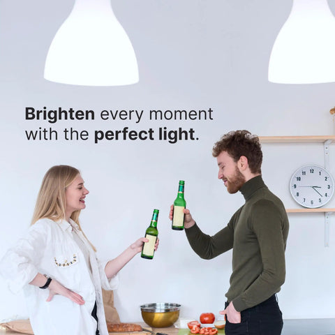 Two people toasting under lighting with text 'Brighten every moment with the perfect light.'