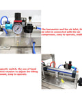 Detail of Automatic Quantitative Filling And Sealing Machine Packs 10 To 100 Ml With Slick Horizontal Mixing Hopper and air controls.