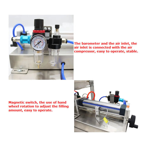 Detail of Automatic Quantitative Filling And Sealing Machine Packs 10 To 100 Ml With Slick Horizontal Mixing Hopper and air controls.