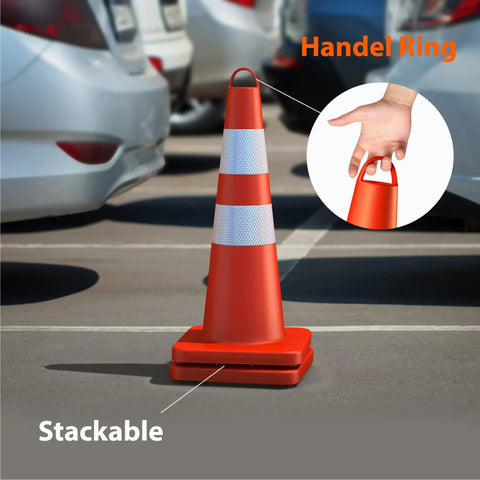 Heavy Duty 28 Inch Traffic Safety Cones Set Of 6 With Handles High Visibility Orange With Reflective Collars in parking lot