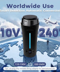 Global Travel Kettle With Dual Voltage 110-240V Portable Electric Kettle LCD Display Four Temperature Settings LED Color Options Compact 350ml For Worldwide Use On The Go showing smart detection and automatic conversion on world map background