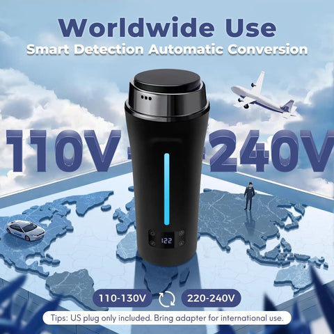 Global Travel Kettle With Dual Voltage 110-240V Portable Electric Kettle LCD Display Four Temperature Settings LED Color Options Compact 350ml For Worldwide Use On The Go showing smart detection and automatic conversion on world map background