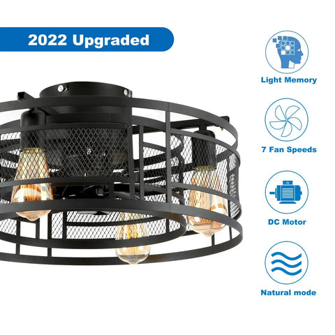 2022 model 19.68 Inch Caged Ceiling Fan With Lights For Bedroom And Kitchen, Farmhouse Industrial Flush Mount with remote