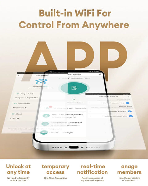 Smart Door Lock With Lever Handle And WiFi Keyless Entry Fingerprint Deadbolt App Control And Touchscreen Keypad for Front Door interface displayed on a smartphone screen.