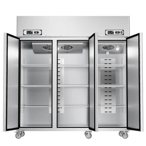 Inside view of Plug And Play Commercial Refrigerator Freezer Combo 72 Inch Upright Fridge and Freezer with adjustable shelves.