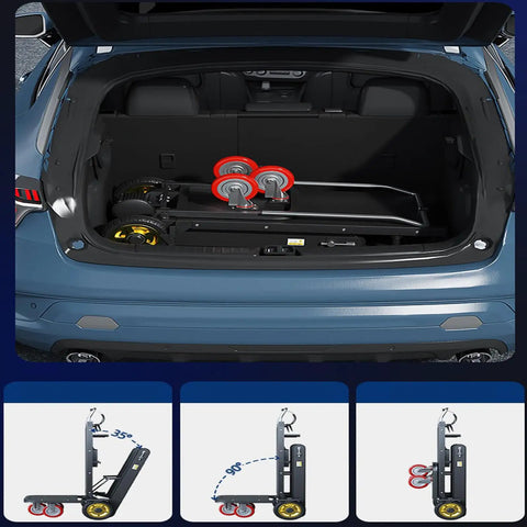Heavy Duty 400W 500W Electric Stair Climbing Dolly With Motorized Wheels Handles 440 Pounds folded in car trunk.