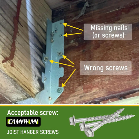 Side view showing wrong and missing screws on joist hanger with image of acceptable Five Hundred Connector Screws Nine By One And A Half Inches Beefy Heavy Duty Joist Hanger Screws For Decking And Framing With Hex Drive Quarter Inch Replace 9112R500 Mechanical Galvanized And 1500 Hour Salt Spray Tested.