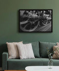 Steam Locomotive Wheels Canvas Poster Wall Art In Black And White, High Resolution Train Print for Living Room, framed above couch