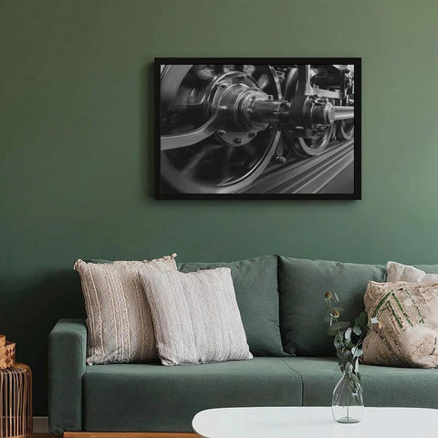 Steam Locomotive Wheels Canvas Poster Wall Art In Black And White, High Resolution Train Print for Living Room, framed above couch