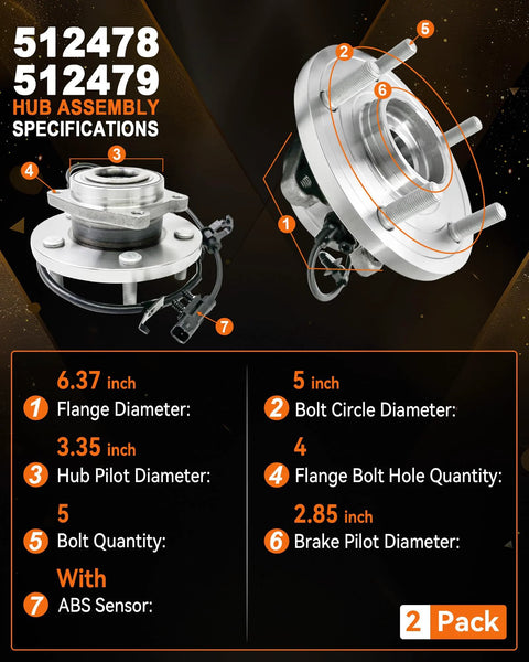 2 Pack Rear Wheel Bearing Hub Assembly Kit Bolt On 512478 512479 With ABS Sensor 5 Lug Fit Dodge Journey 2009 2018 And Ram ProMaster 1500 2500 3500 2014 Heavy Duty Easy Install, shown with specifications and ABS sensor