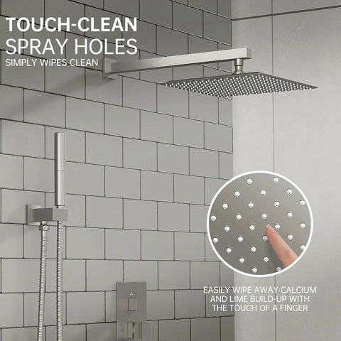 12 Inch Rain Shower Head System With 2 In 1 Handheld Shower And Wall Mount High Pressure Chrome Shower Fixture Kit demonstrating touch-clean feature on tile wall