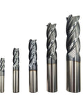 Front view of 5-piece carbide square-end mill set with AlTiN coating, sizes 1/4, 3/8, 1/2, 5/8, 3/4 in.