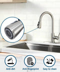 Close-up of Heavy Duty Kitchen Faucet With Smooth Pull Down Sprayer In Top Shelf Brushed Nickel rust resistant, highlighting features.