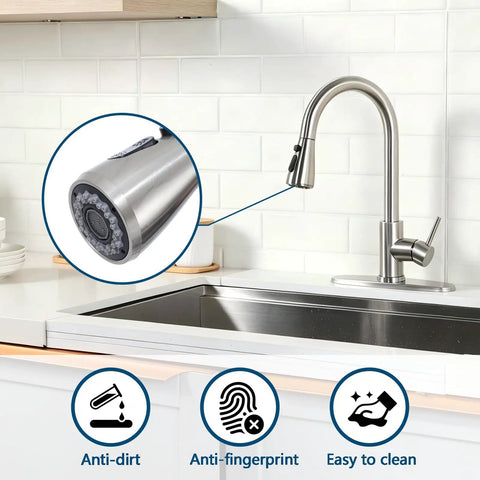 Close-up of Heavy Duty Kitchen Faucet With Smooth Pull Down Sprayer In Top Shelf Brushed Nickel rust resistant, highlighting features.