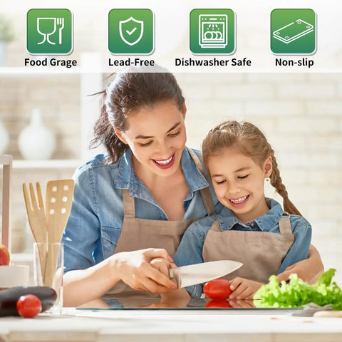 Mother and child using Tempered Glass Cutting Boards Set For Kitchen Counters 2 Pack 16x12 And 12x8 Inches Non Slip Grippy Bottom