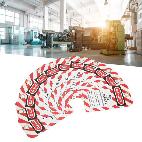 Heavy Duty Lockout Tagout Tags Reusable Do Not Operate Labels For Industrial Jobsite Maintenance featuring red PVC tags in a factory setting.