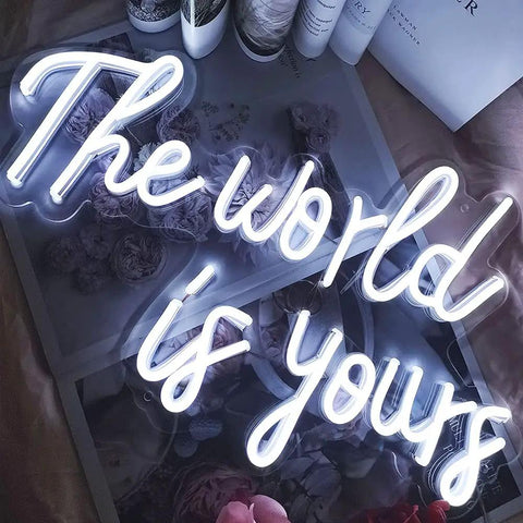 World Is Yours White LED Neon Sign For Bedroom Decor Bar Party And Cafe Vibe, USB Powered 17x11 Inches, personalized 3D art light