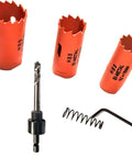 Three orange HSS bi-metal hole saws (5/8–3/4 in.) with 1/4 in. hex shank adapter, drill arbor, and spring