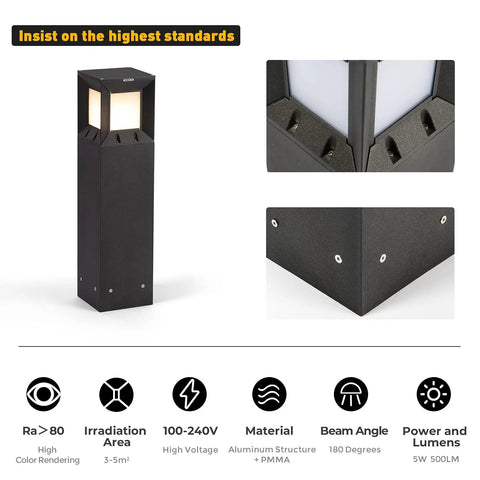 Go-To IP54 Waterproof Outdoor Bollard Path Light, 32-Inch Black LED Lamp, 3000K Warm White with construction details.