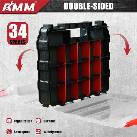 Double Sided Tool Box Organizer with 34 Compartments and 24 Removable Dividers, Red Tackle Box for small parts storage.