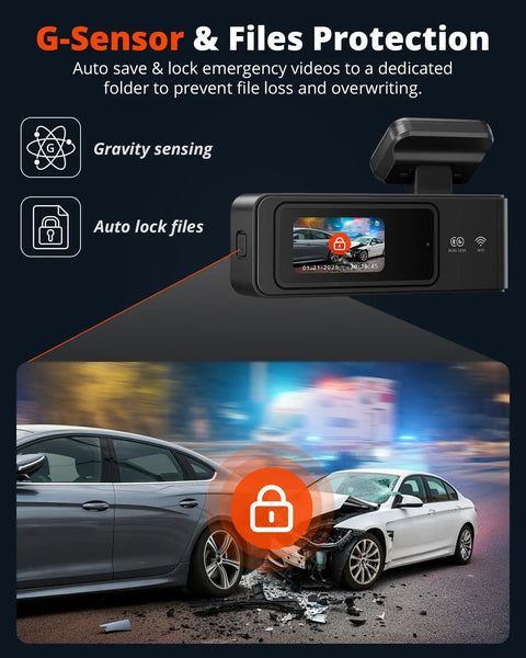 Image highlighting Dual 2K Front And Rear Dash Cam With 64GB SD Card Wireless WiFi Car Camera showing G sensor and accident footage.
