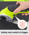 Close-up of Wisyok Cordless Electric Scissors With 4.2V Rechargeable Battery, showing safety lock switch and trigger.