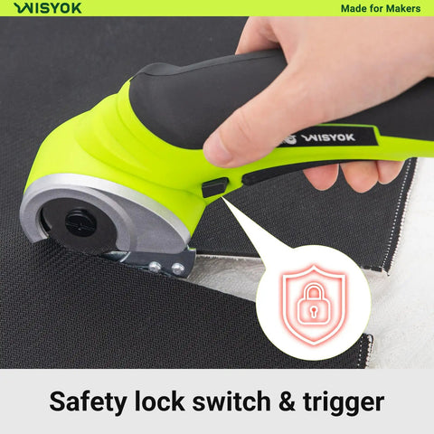 Close-up of Wisyok Cordless Electric Scissors With 4.2V Rechargeable Battery, showing safety lock switch and trigger.