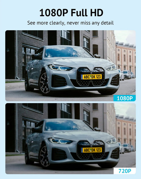 Car in city street showing clarity difference between 1080P and 720P with focus on license plate details.
