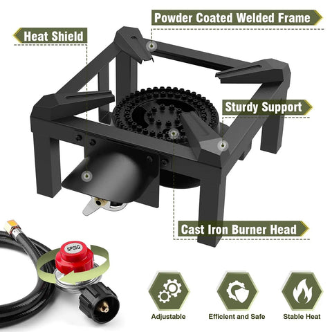 100,000 BTU High Pressure Propane Burner Stove with cast iron burner, heat shield, and 4.1ft regulated hose for outdoor cooking
