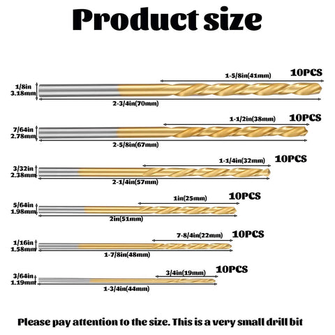 Rock Solid 60 Pc Fully Ground Micro Twist Bits Set Featuring Titanium Coating High Speed Steel For Precision Drilling In Hardwood Metal And Plastic Durable Tool Gear That Gets The Job Done Right Every Single Time, size chart of 1/8in to 3/64in bits