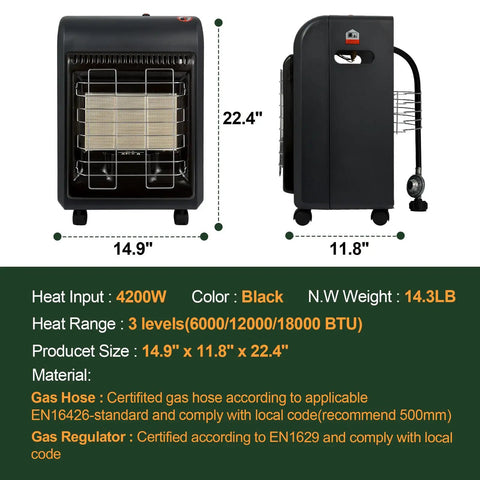 Indoor Outdoor Propane Heater 6000 To 18000 BTU With 3 Modes ODS And Tip Over Protection with regulator and hose, black color