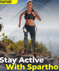 Woman running outdoors with Sparthos gear, promoting active lifestyle. Calf Compression Sleeves For Men And Women Unisex Leg Support.