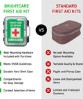 BrightCare wall-mountable hard-shell first aid kit cabinet with mounting hardware (left) vs maroon soft-sided standard kit (right).