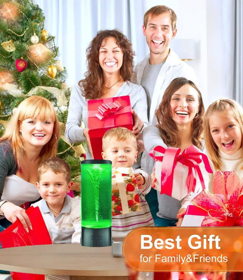 Family holding gifts around a Twister Water Vortex Lamp Led Night Light With 7 Color Changing Glow Realistic Tornado Science Kit for Christmas.