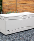 130 Gallon Desert Sand Deck Box With Weatherproof HDPE Construction and Powder-Coated Steel Hinges in garden setting