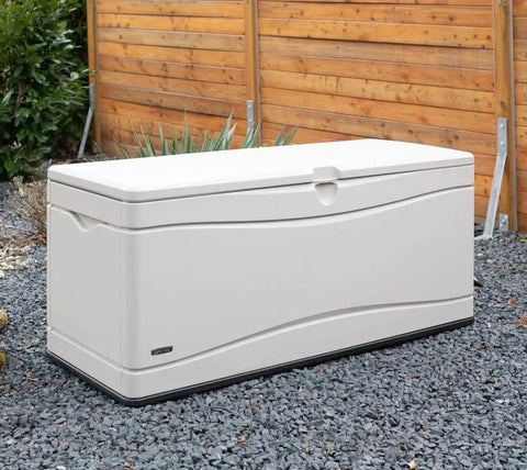 130 Gallon Desert Sand Deck Box With Weatherproof HDPE Construction and Powder-Coated Steel Hinges in garden setting