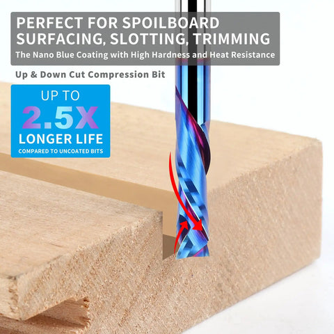 Up And Down Spiral Router Bit With Quarter Inch Shank And Quarter Inch Cutting Diameter, One Inch Cutting Length, Two And A Half Inch Total Length, Pro Grade Solid Carbide CNC End Mill With Nano Blue Coating For Wood Carving Engraving And Milling