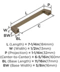 Diagram of Golden Champagne Blackrock Cabinet Pull Drawer Pull And Drawer Handle For Cabinets And Drawers In Transitional Style Six And Five Sixteenth Inch Center To Center Seven And Quarter Inch Overall Length One Pack Cabinet Hardware Amerock showing dimensions.