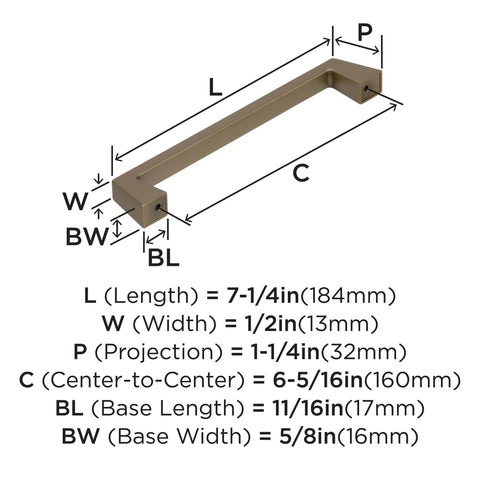 Diagram of Golden Champagne Blackrock Cabinet Pull Drawer Pull And Drawer Handle For Cabinets And Drawers In Transitional Style Six And Five Sixteenth Inch Center To Center Seven And Quarter Inch Overall Length One Pack Cabinet Hardware Amerock showing dimensions.