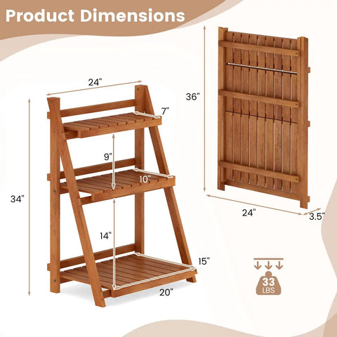 Foldable 3 Tier Ladder Plant Stand Made Of Solid Wood For Indoor Outdoor Use Space Saving Corner Shelf dimensions and folded view