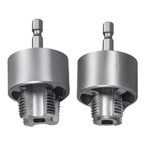 Heavy Duty Internal External Pipe Threader Die Set With Electric Drill Compatibility For 1/2 And 3/4 Inch Copper Stainless Steel Plumbing Jobs Fast Quick Threading Tool For Pros And DIYers, featuring two metallic pipe cutters.
